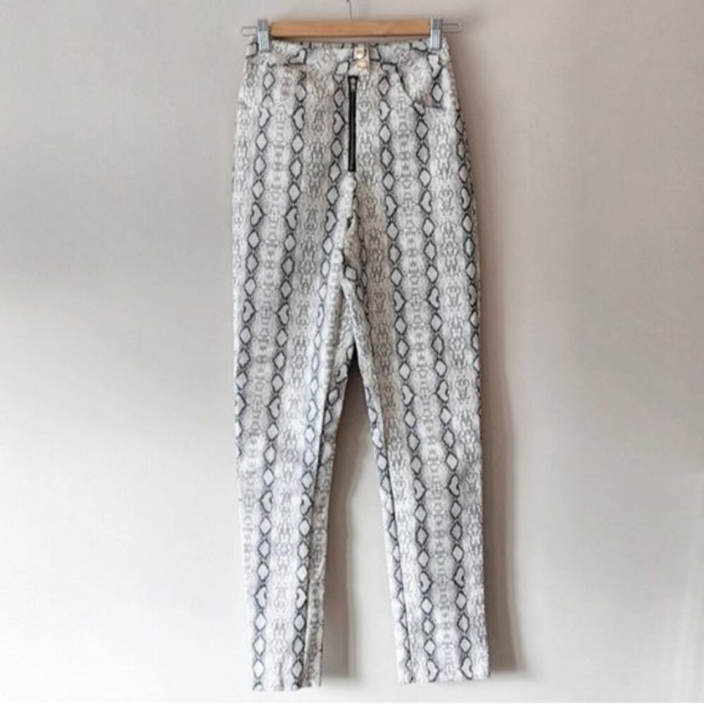 PrettyLittleThing faux leather snakeskin high rise pants - white & gray